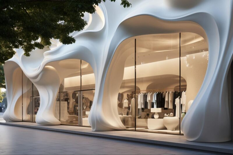 A modern boutique storefront with a sculptural, wave-like white facade and glass windows showcasing clothing and lifestyle displays inside