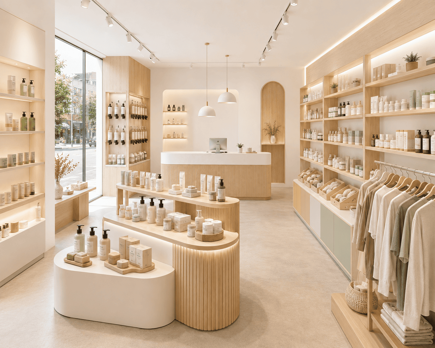 A bright, wood-toned beauty store displays skincare products on shelves and tables, with a checkout counter and clothing rack in view