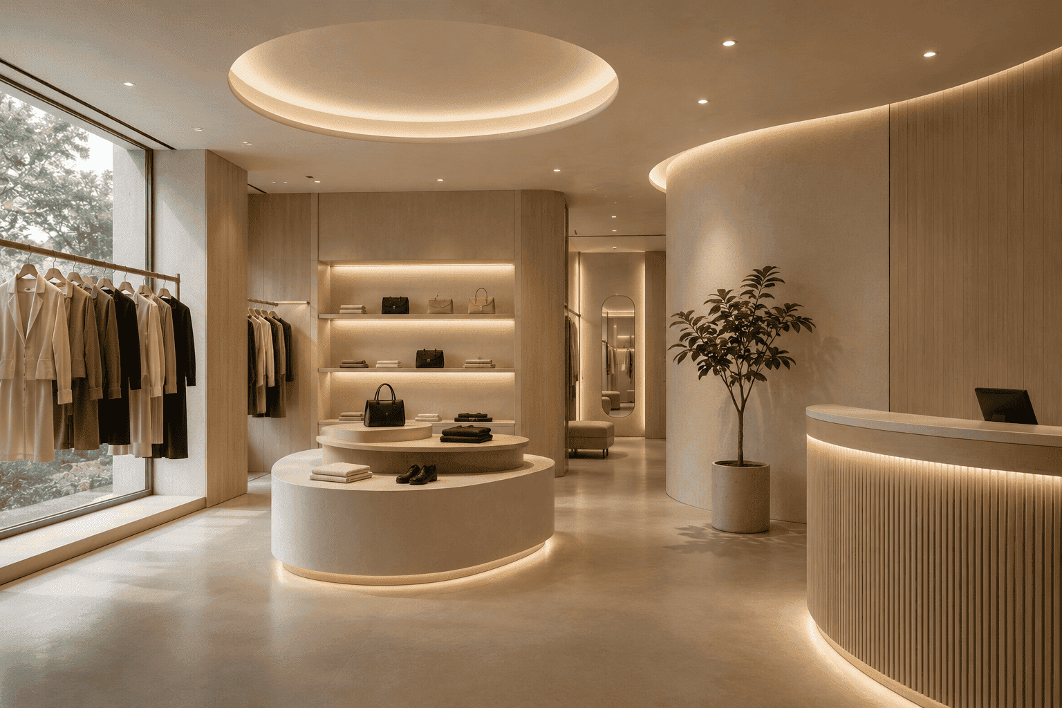 A minimalist boutique interior with curved wooden walls, soft ambient lighting, and displays of clothing, handbags, and accessories