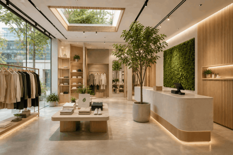 A minimalist, plant-filled boutique features neutral-toned clothing, wooden shelving, a skylight, and a moss wall behind the checkout counter
